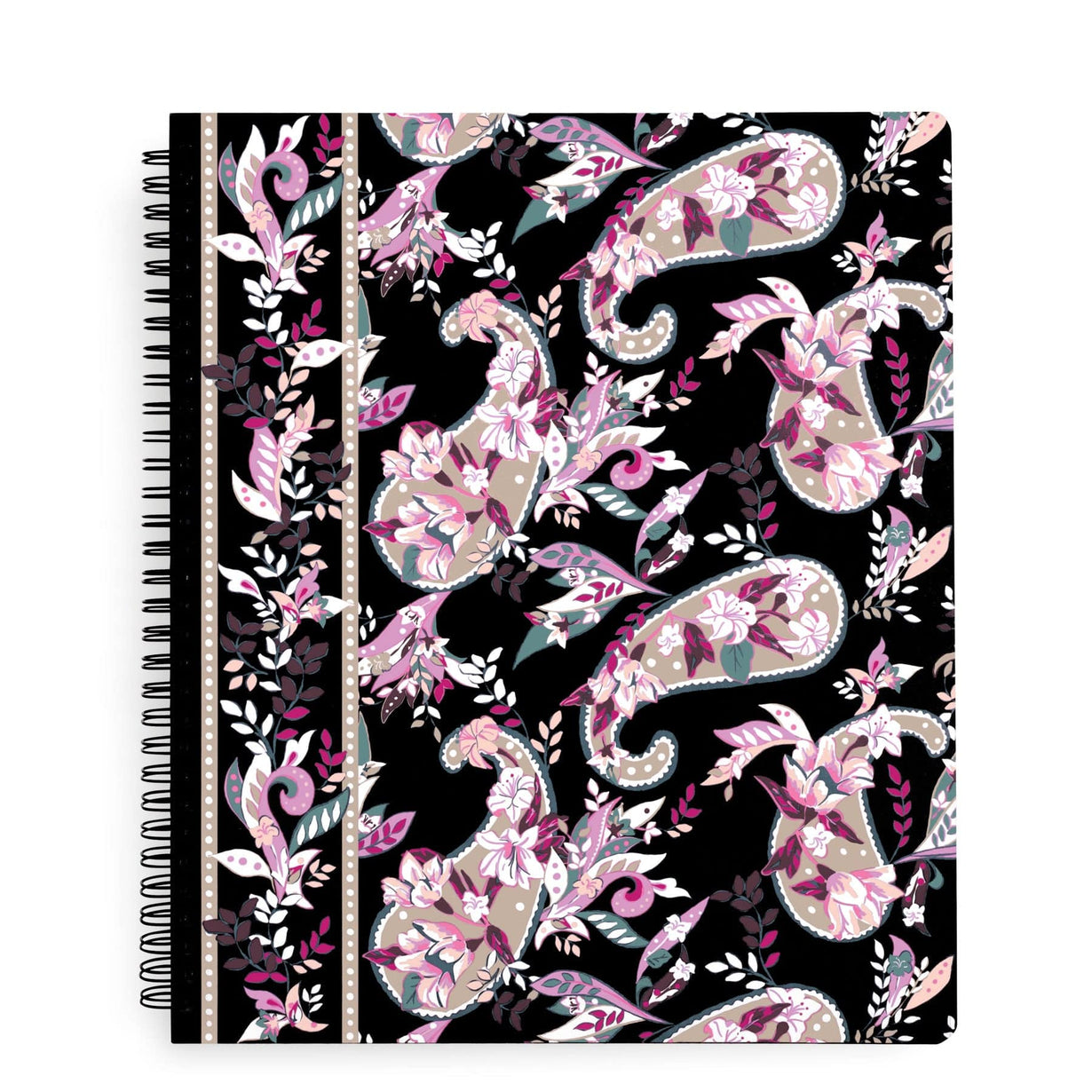 Black notebook with pink floral paisley pattern