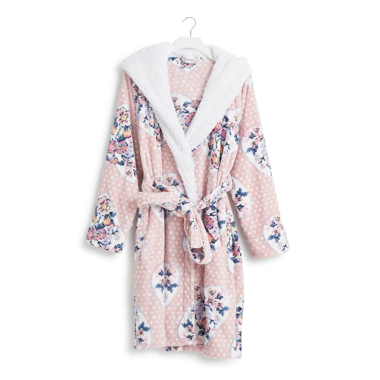 Sherpa lined pink robe with hood and floral hearts pattern