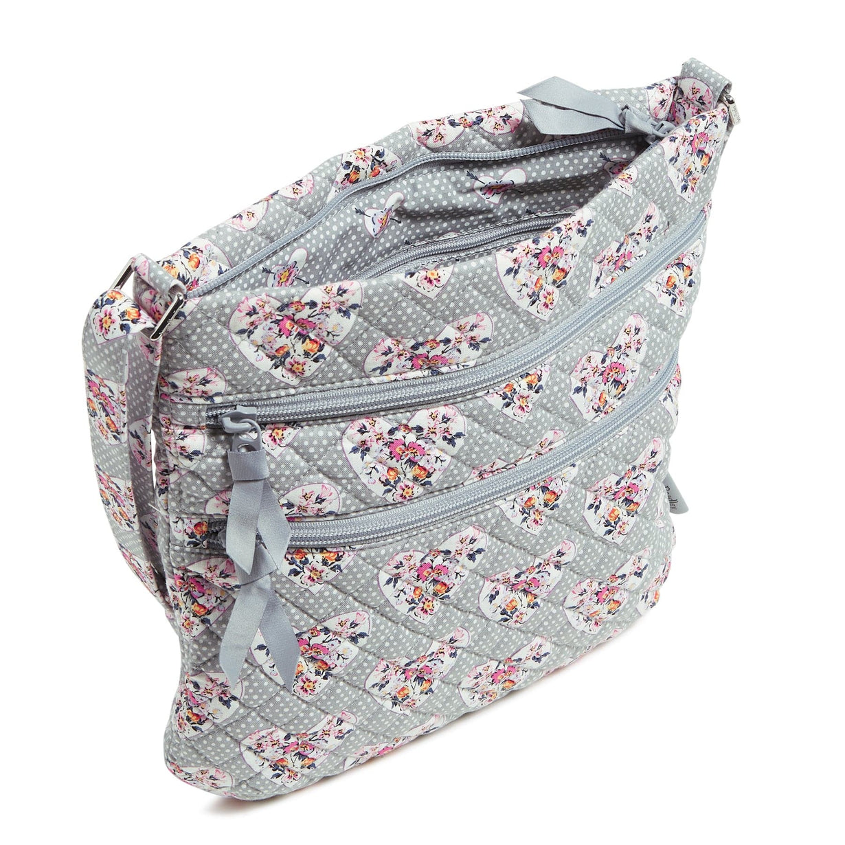 Gray hipster crossbody bag with while polka dots and hearts with flowers pattern