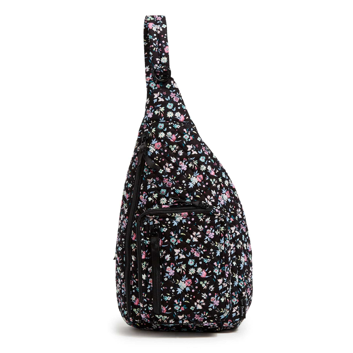 black sling backpack with small pink flowers pattern