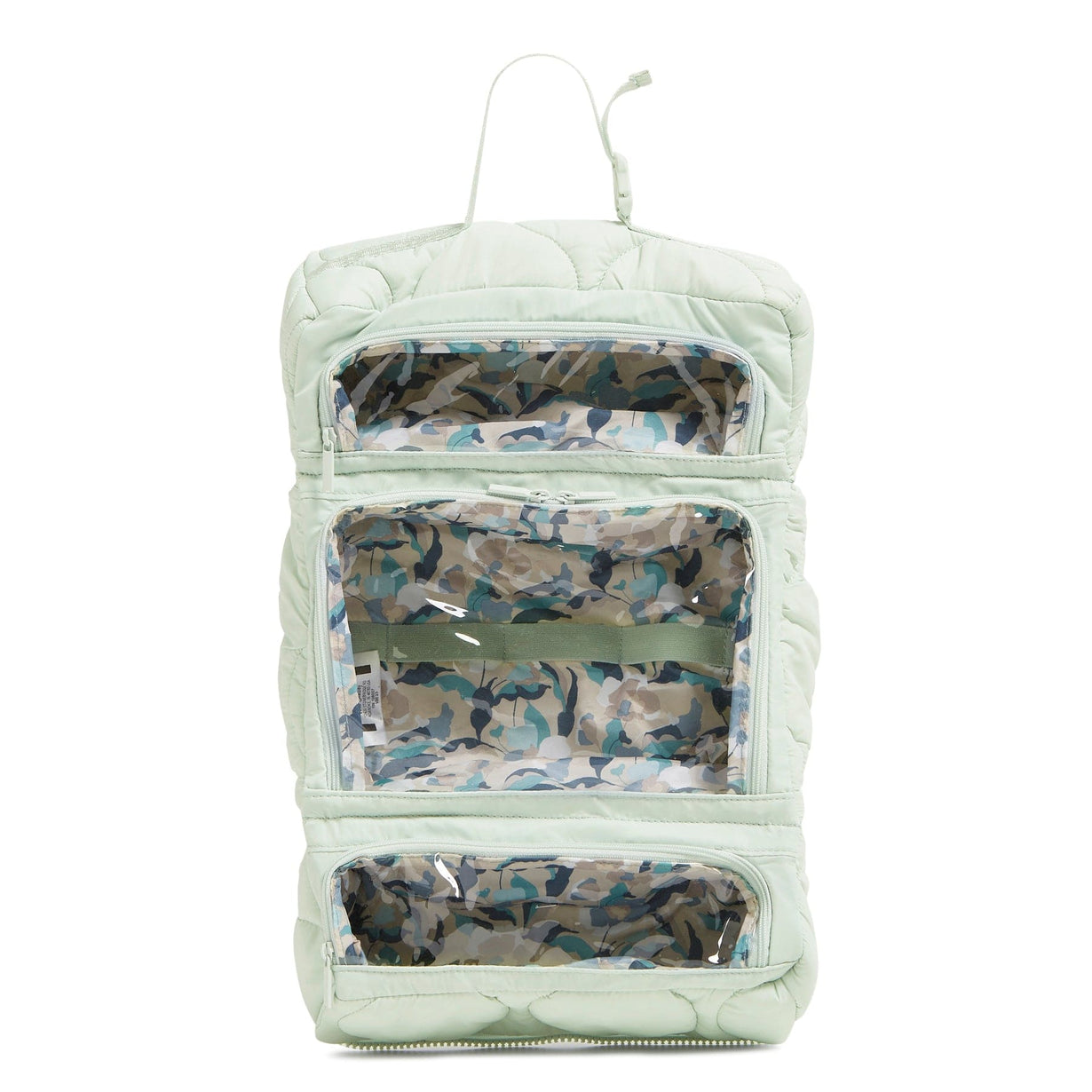 lightweight green organizer bag shown hanging with three compartments for toiletries