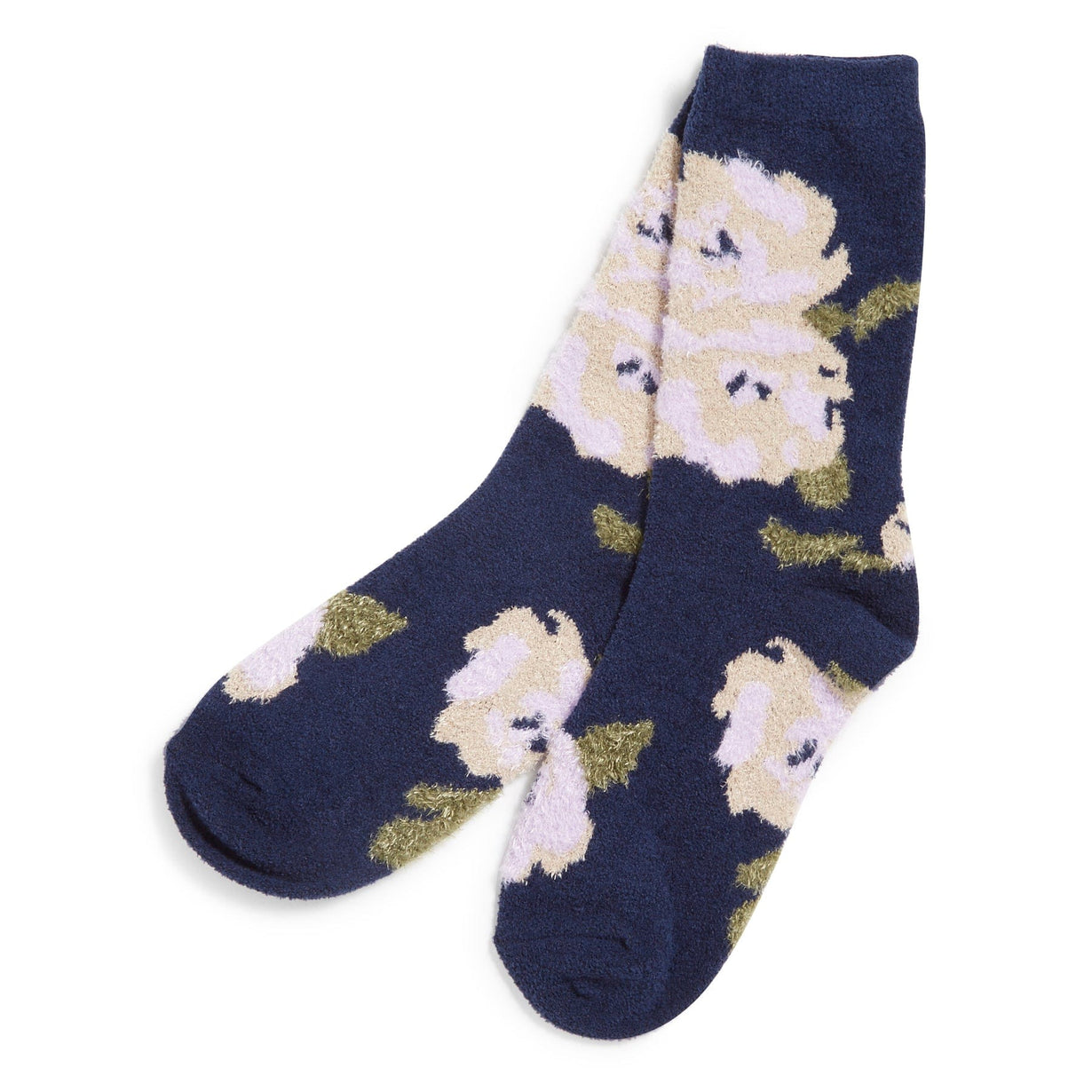 navy blue fleece socks with white floral pattern