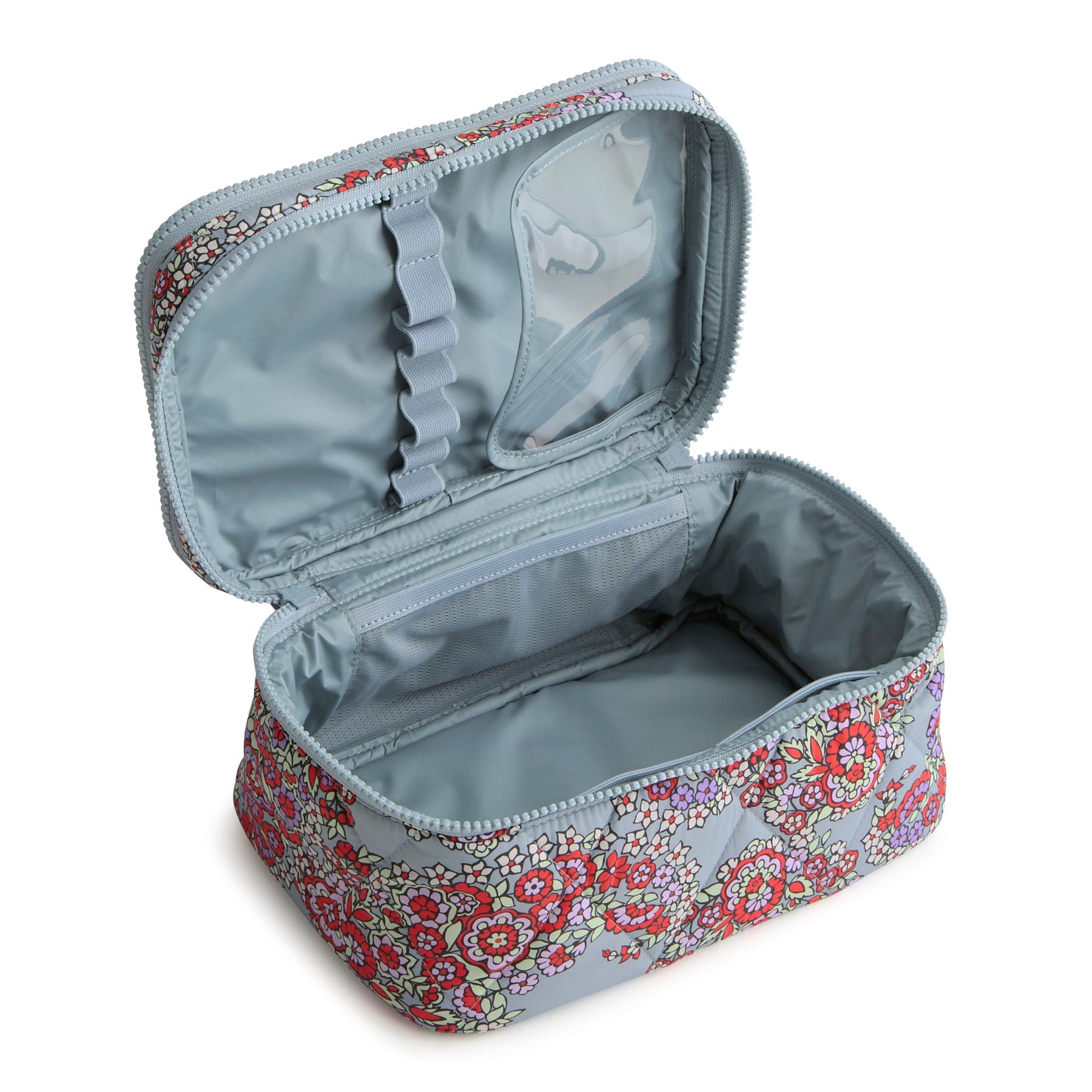 gray quilted cosmetic case with paisley pattern open to show green interior with slots for brushes