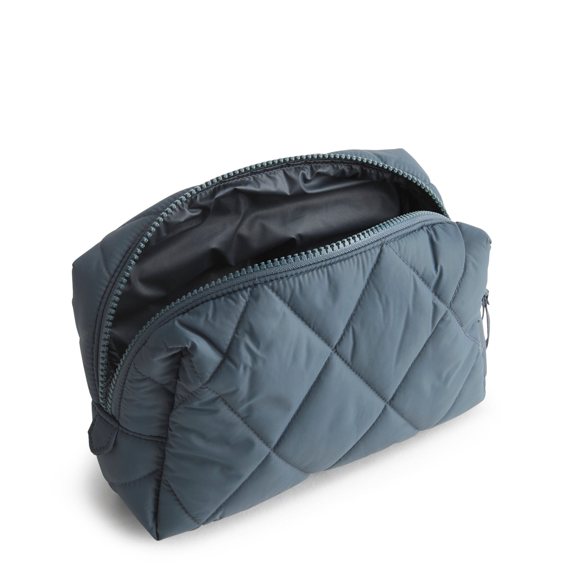 medium size slate blue quilted cosmetic bag shown unzipped and open