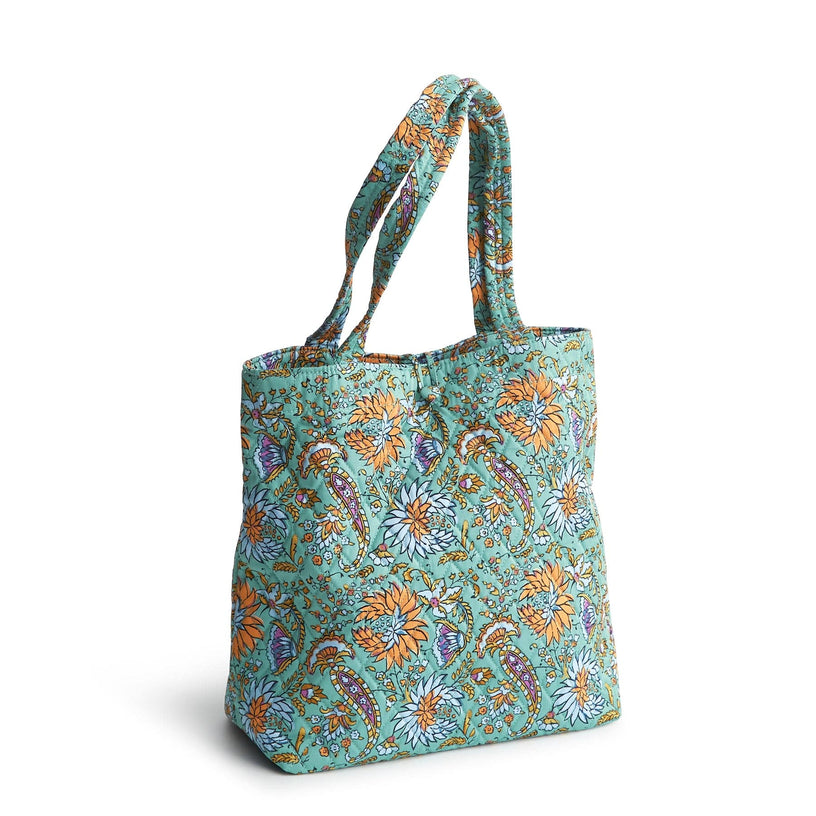 small quilted cotton tote bag with light green and orange floral paisley pattern