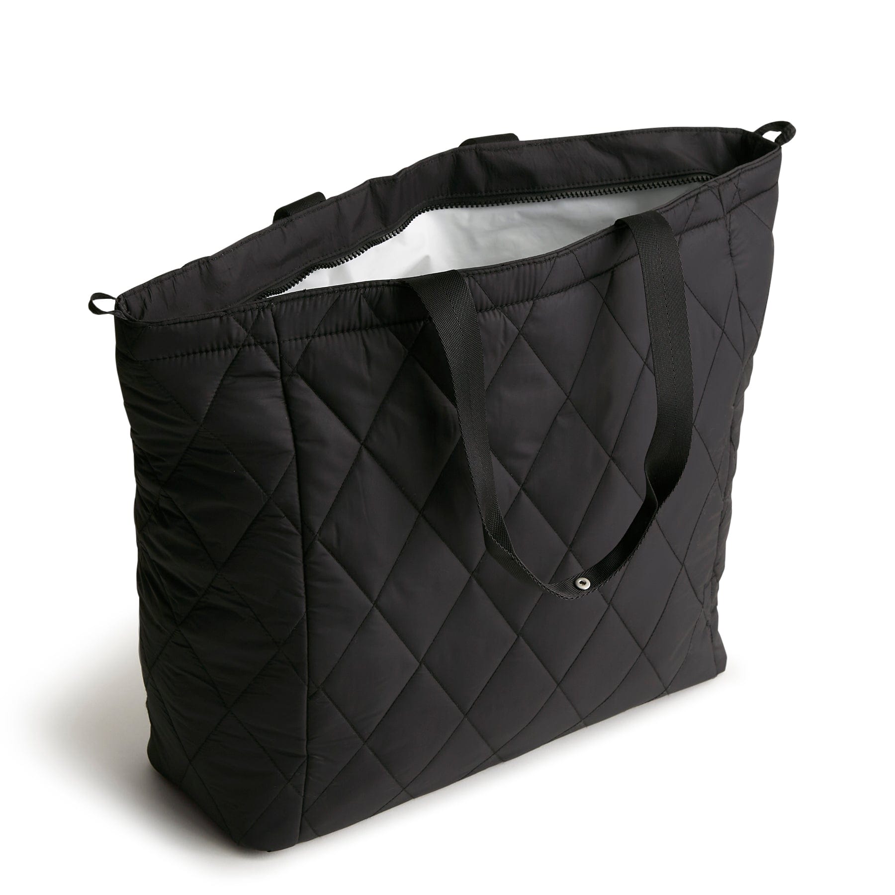 black insulated quilted tote bag cooler with long straps