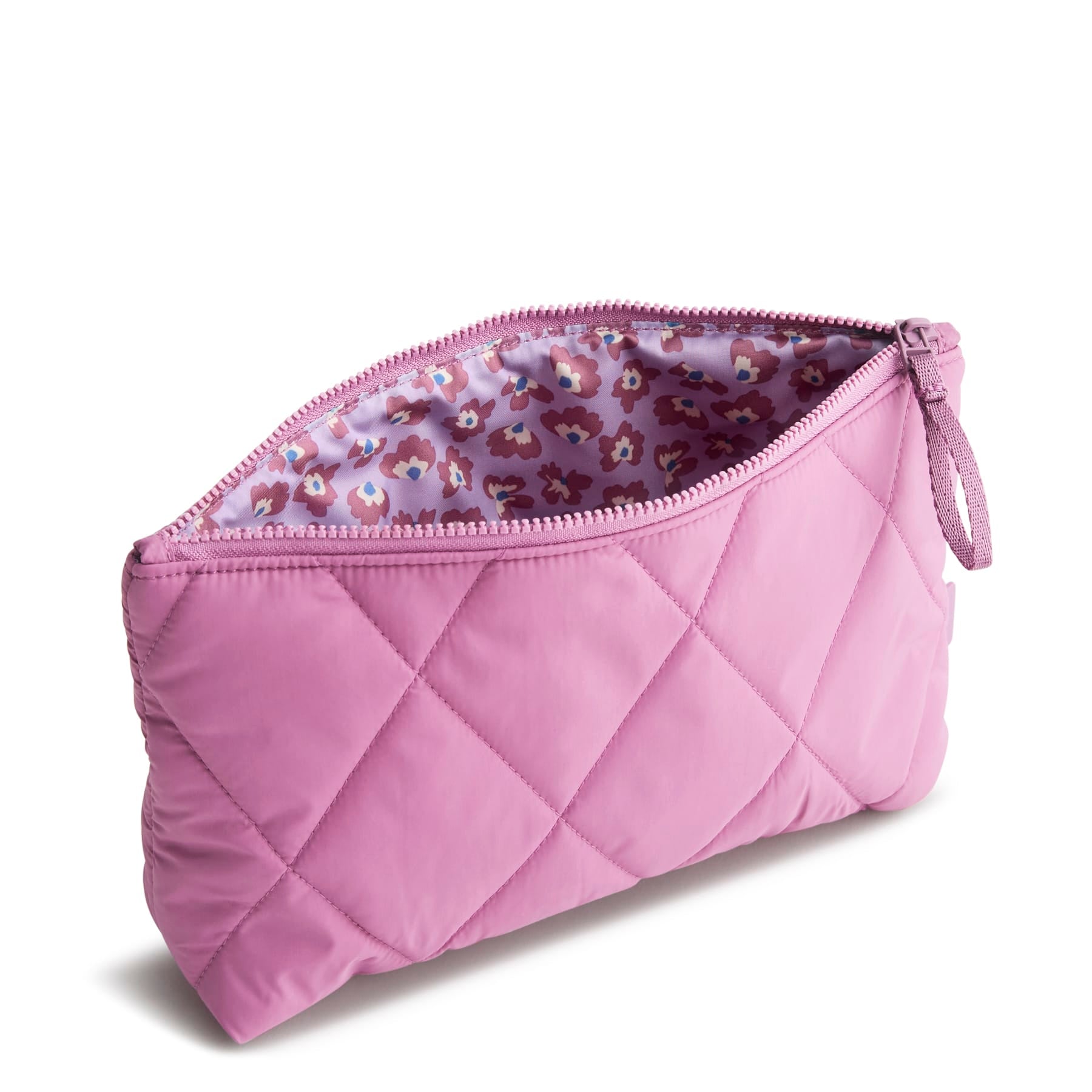 medium-size zippered purple quilted cotton pouch shown unzipped with floral interior
