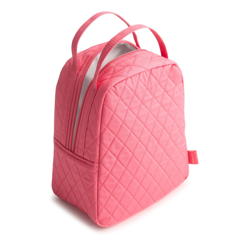 bright pink quilted cotton lunch bag with two handles shown unzipped