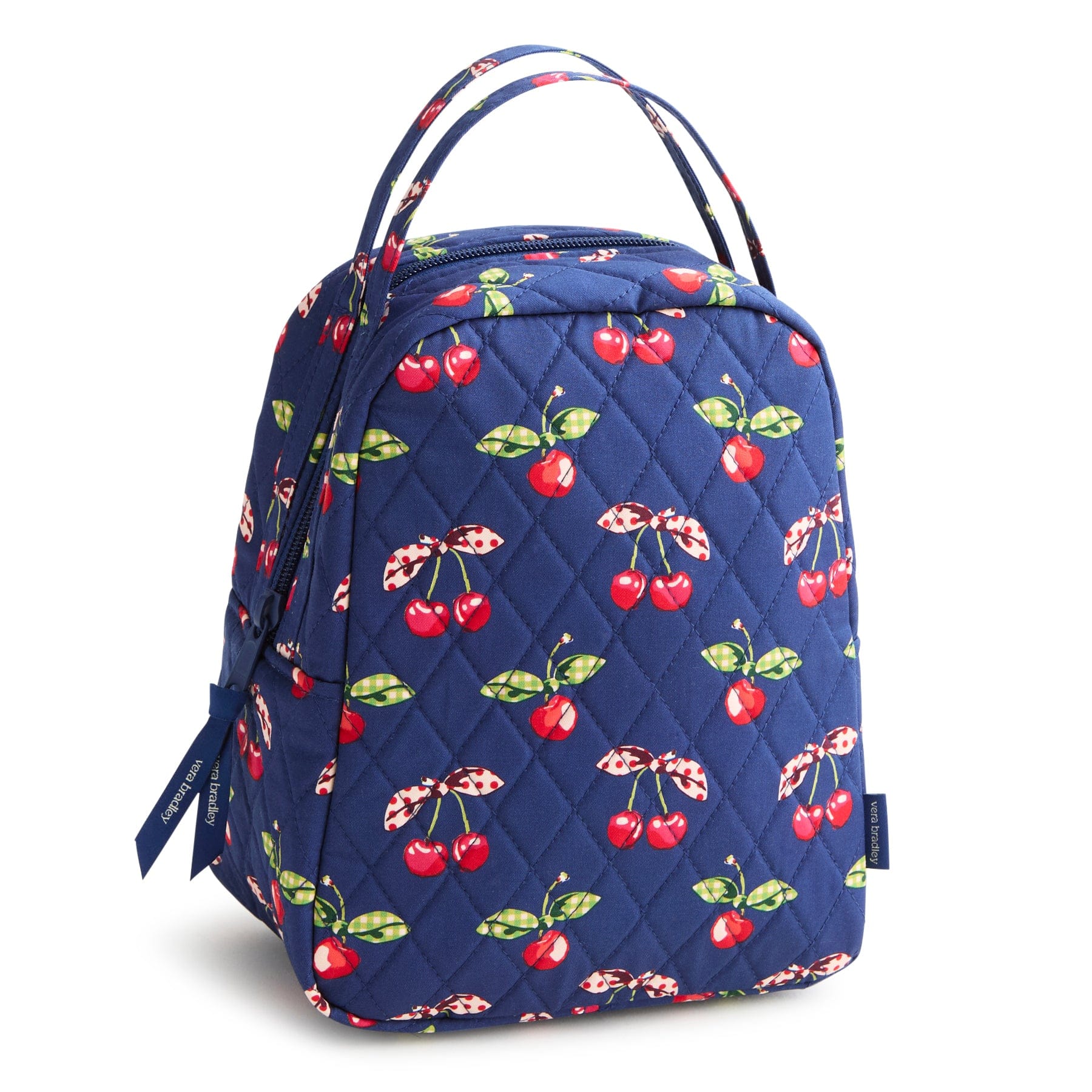 dark blue quilted cotton lunch bag with red cherries and small bows pattern