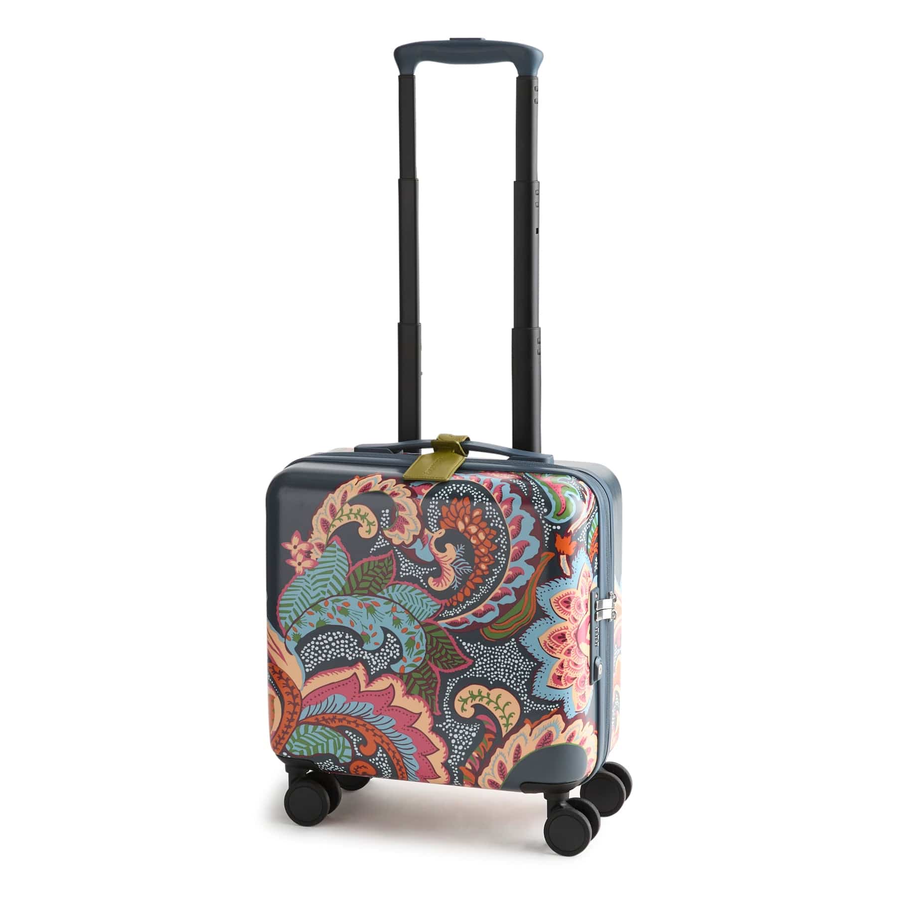 mini hardside spinner carry on suitcase with blue and pink paisley pattern