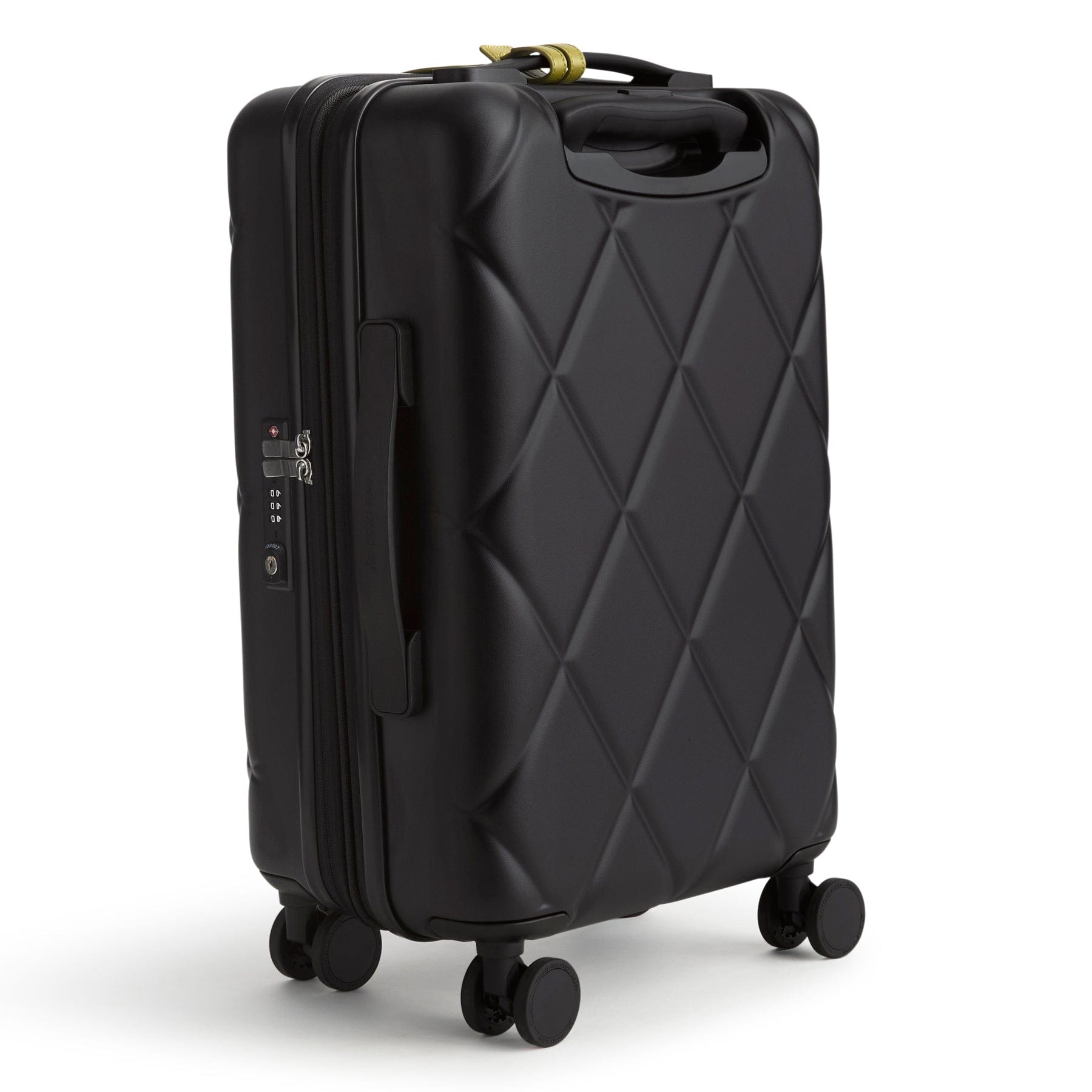 midnight black small rolling carry-on suitcase with diamond grid pattern