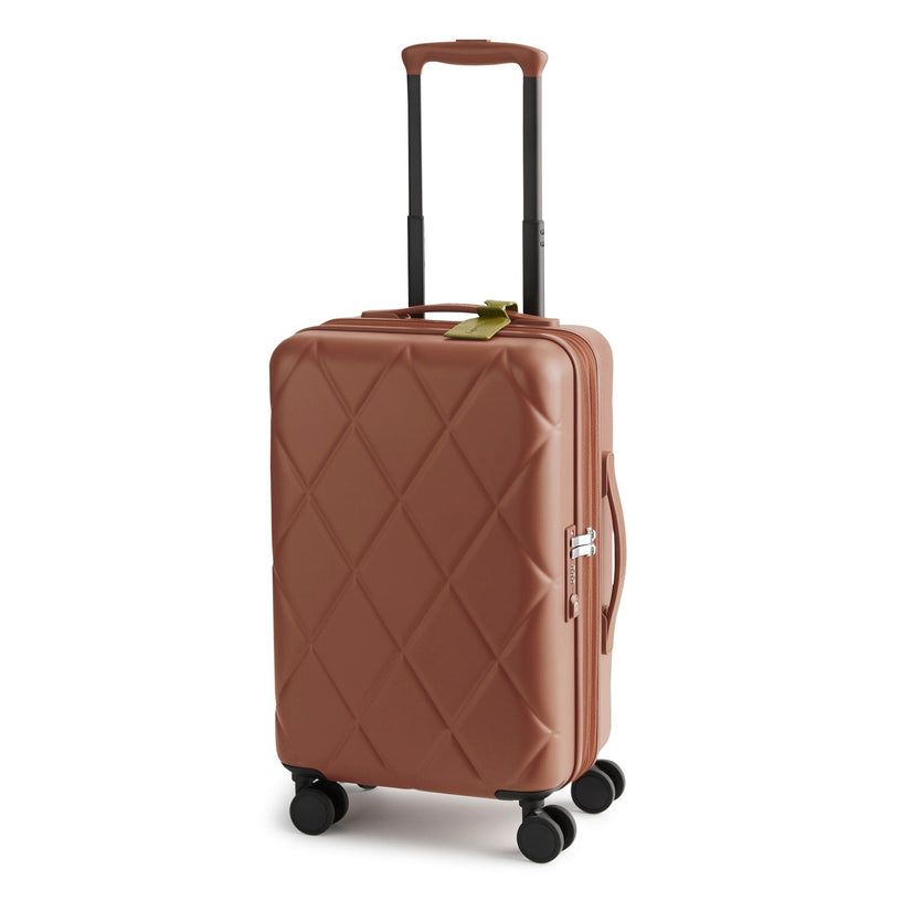 cinnamon brown rolling carryon suitcase with diamond pattern