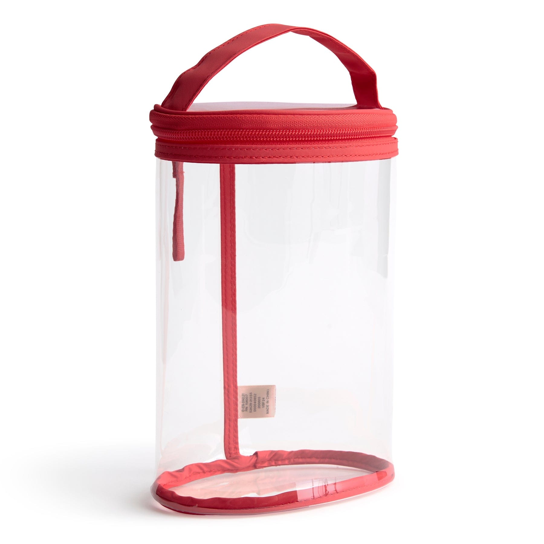 clear cylindrical lotion bag with red trim