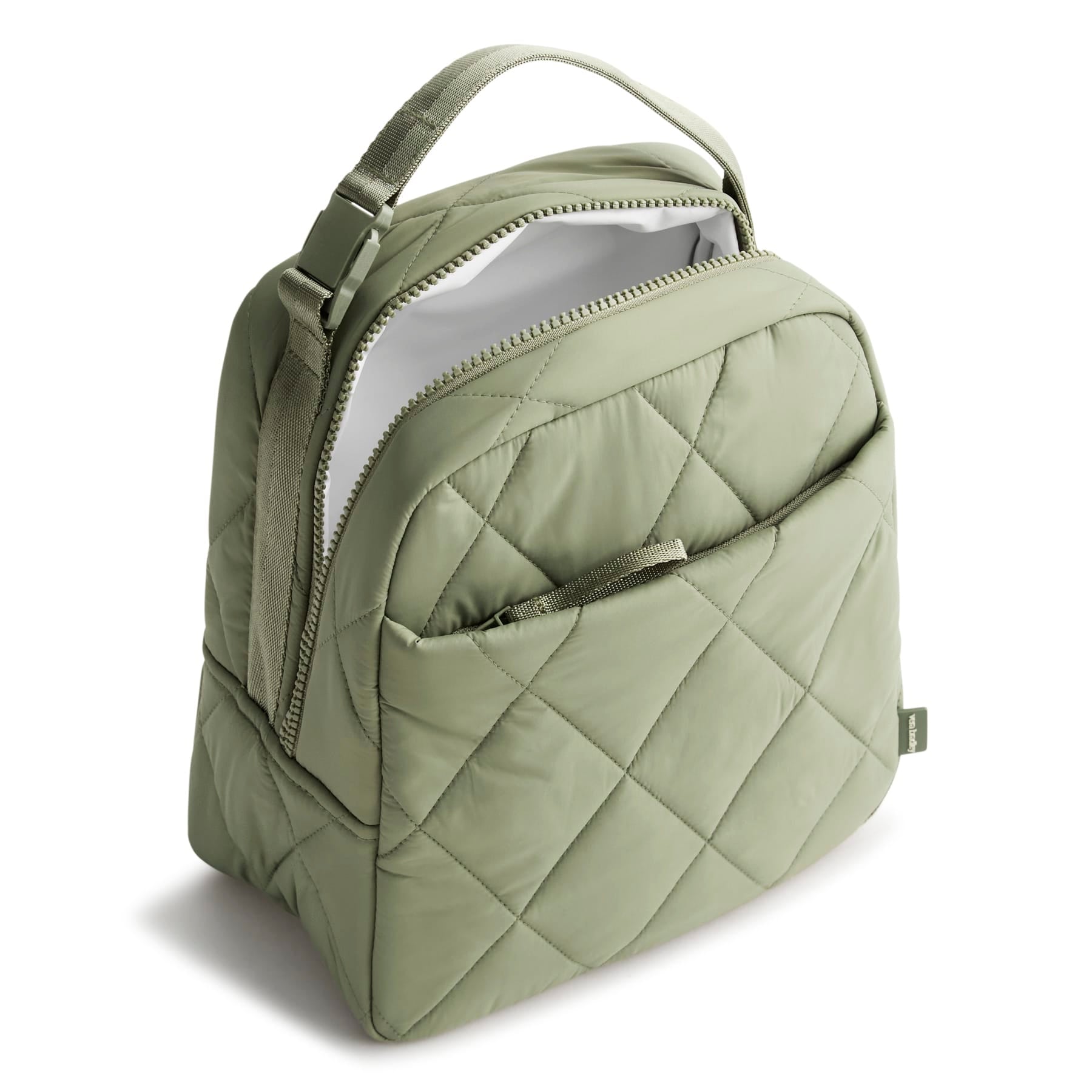 large soft green quilted cotton lunch back shown unzipped with insulated interior
