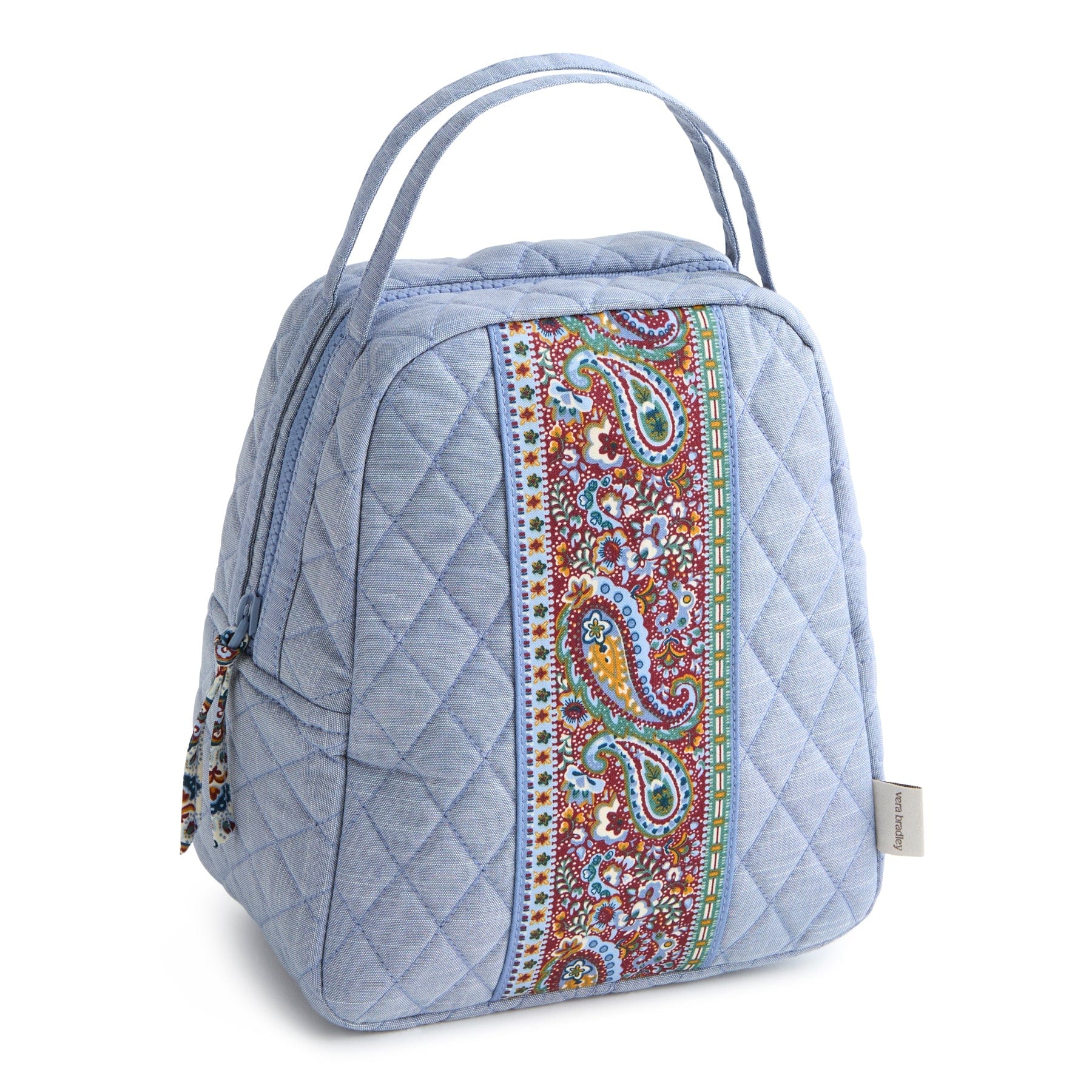 blue chambray quilted cotton lunch bag with handles and red paisley pattern down the middle