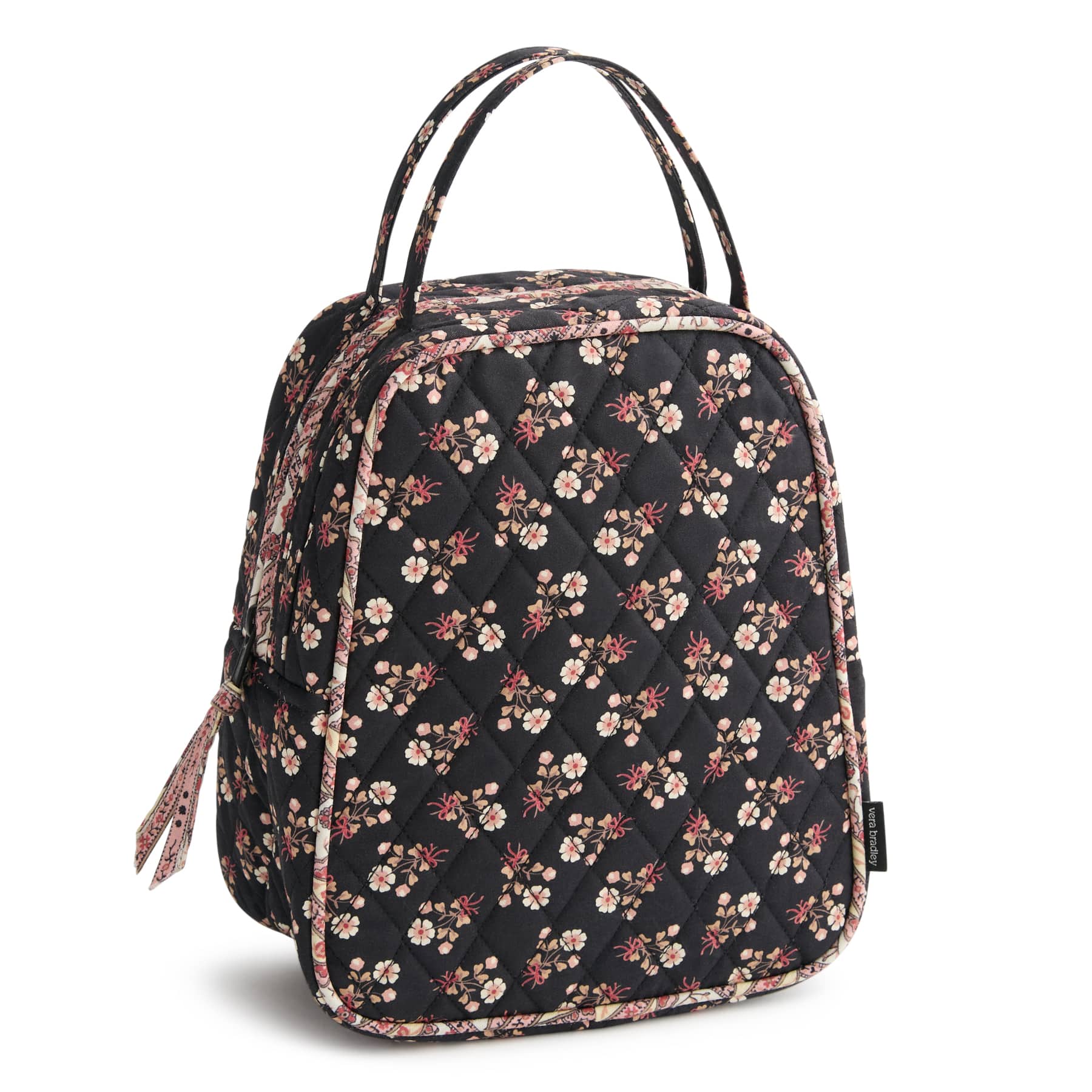 black quilted cotton lunch back with small pink flowers pattern and two handles