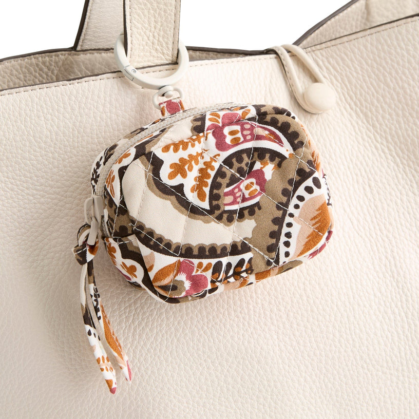 small quilted cotton earbuds case with ring attached to tote bag strap