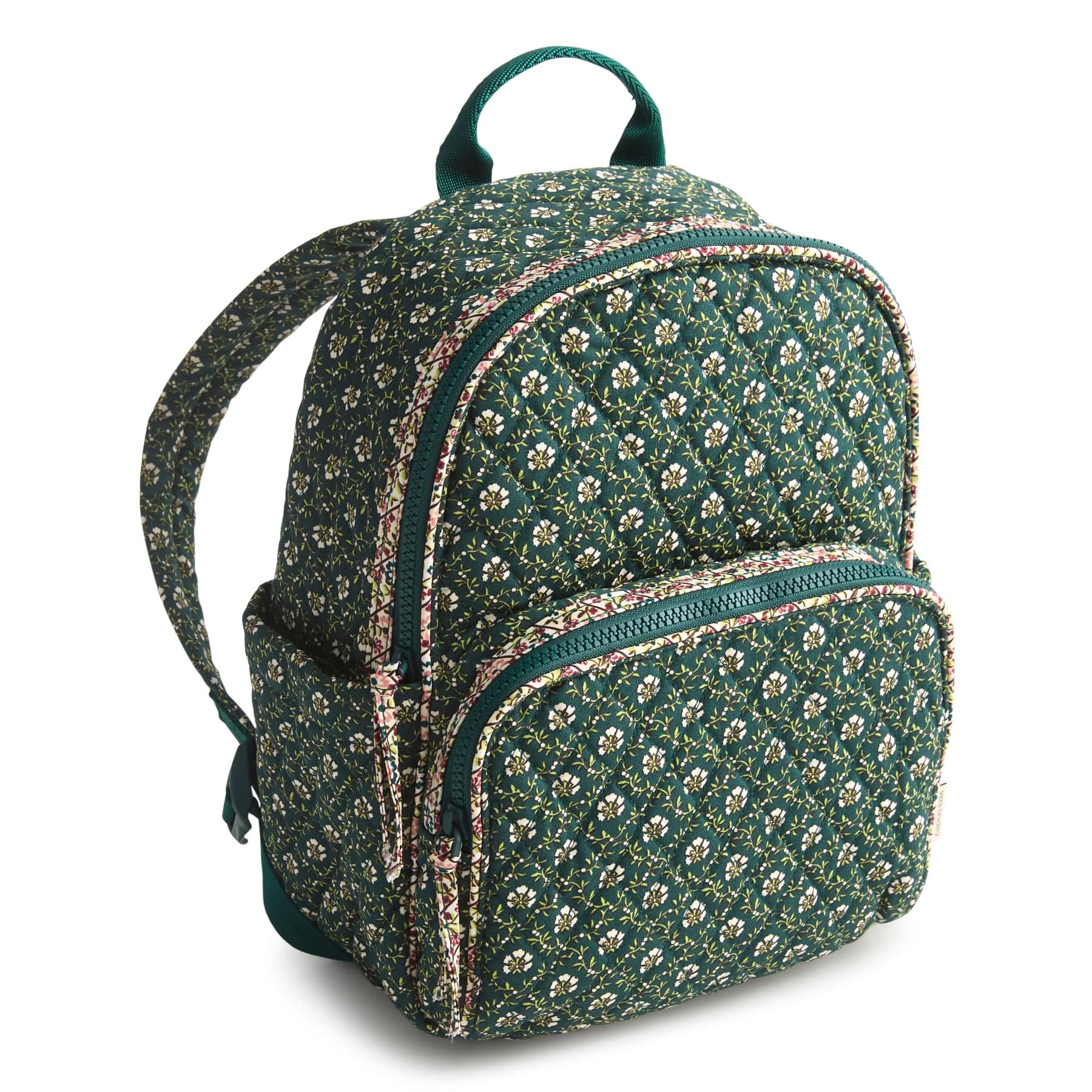 green quilted cotton mini backpack with small white flowers pattern