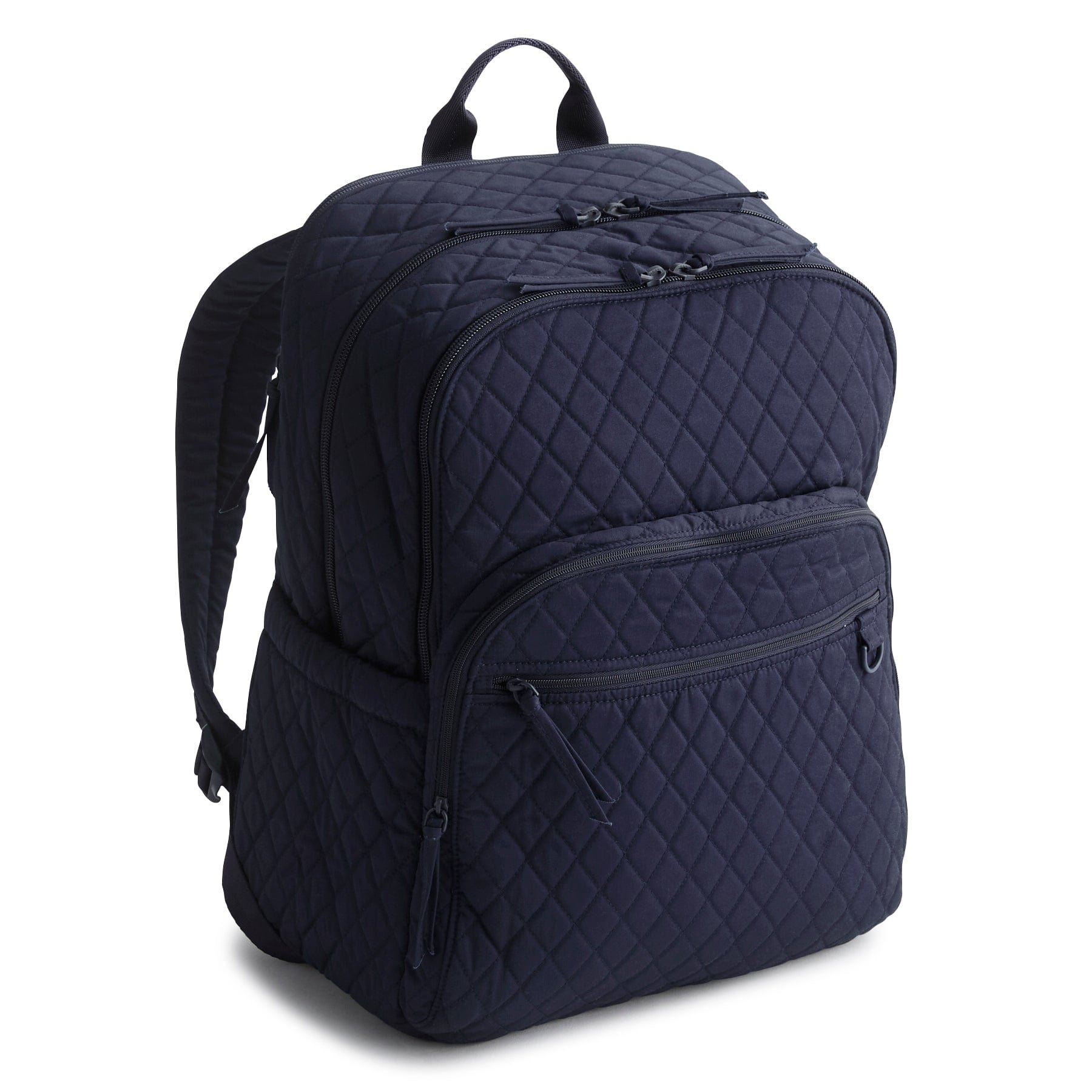 large navy blue quilted cotton backpack with multiple zippered compartments and carry handle