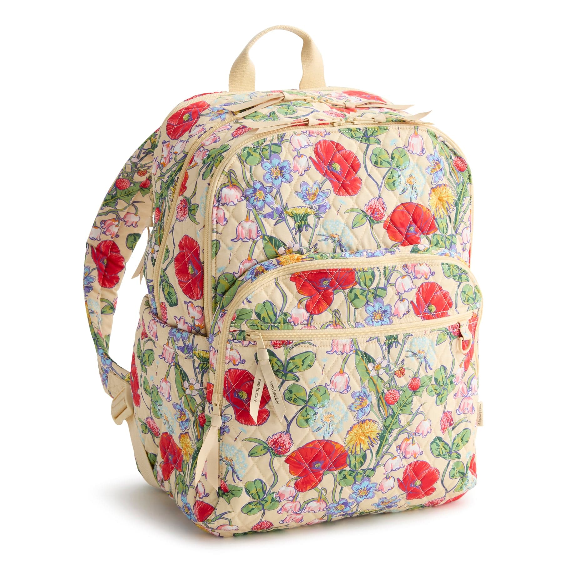 light yellow quilted cotton backpack with wildflowers pattern