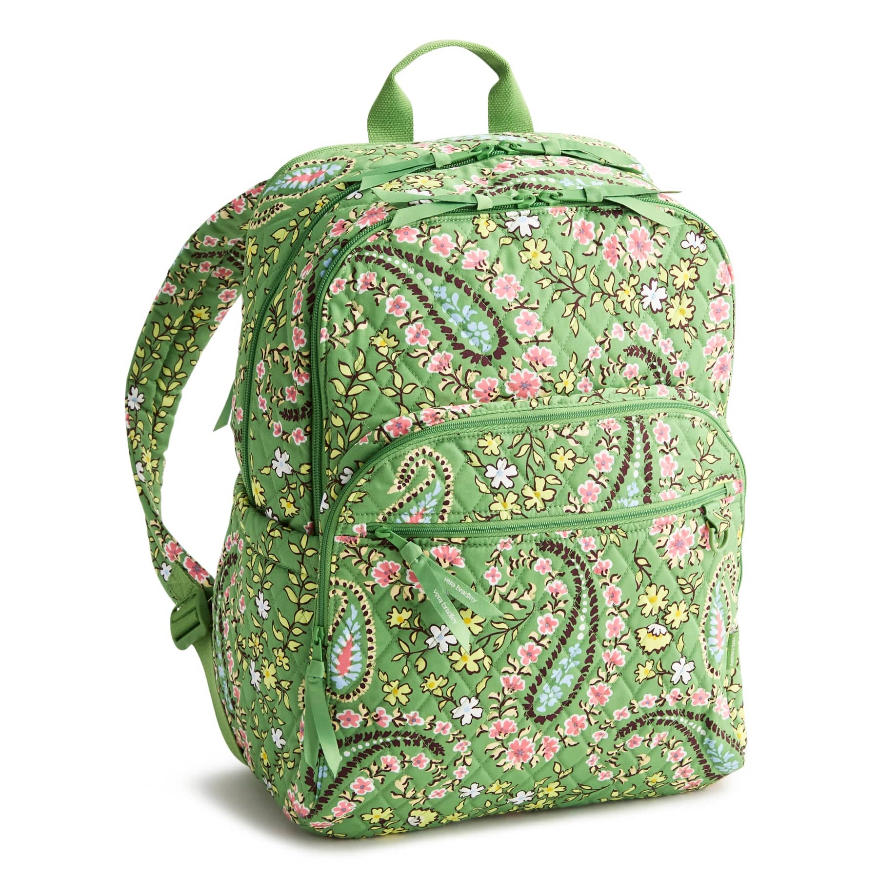 large light green backpack with yellow and pink floral paisley pattern