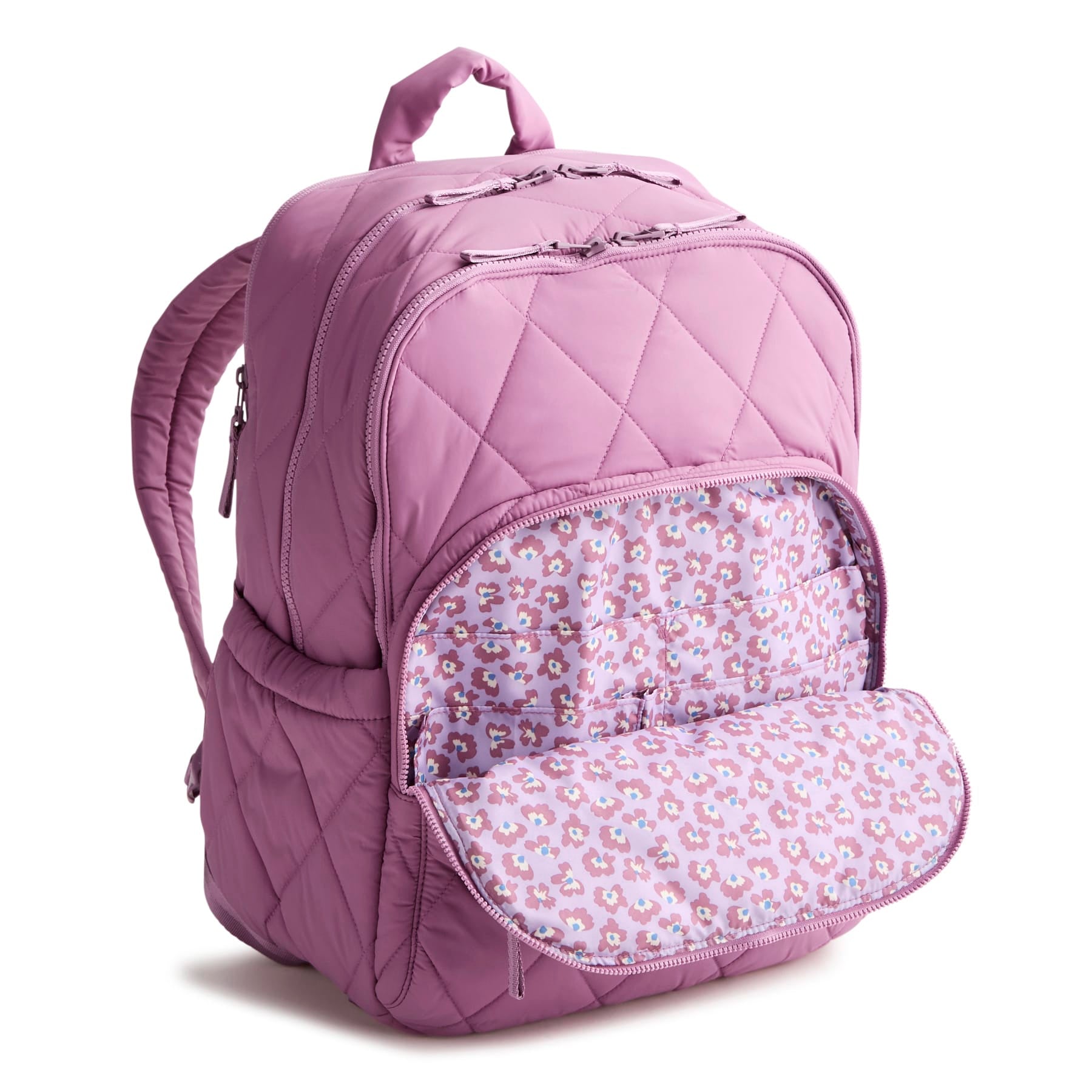 light purple quilted backpack with front compartment unzipped to show slips for pen pencils and supplies
