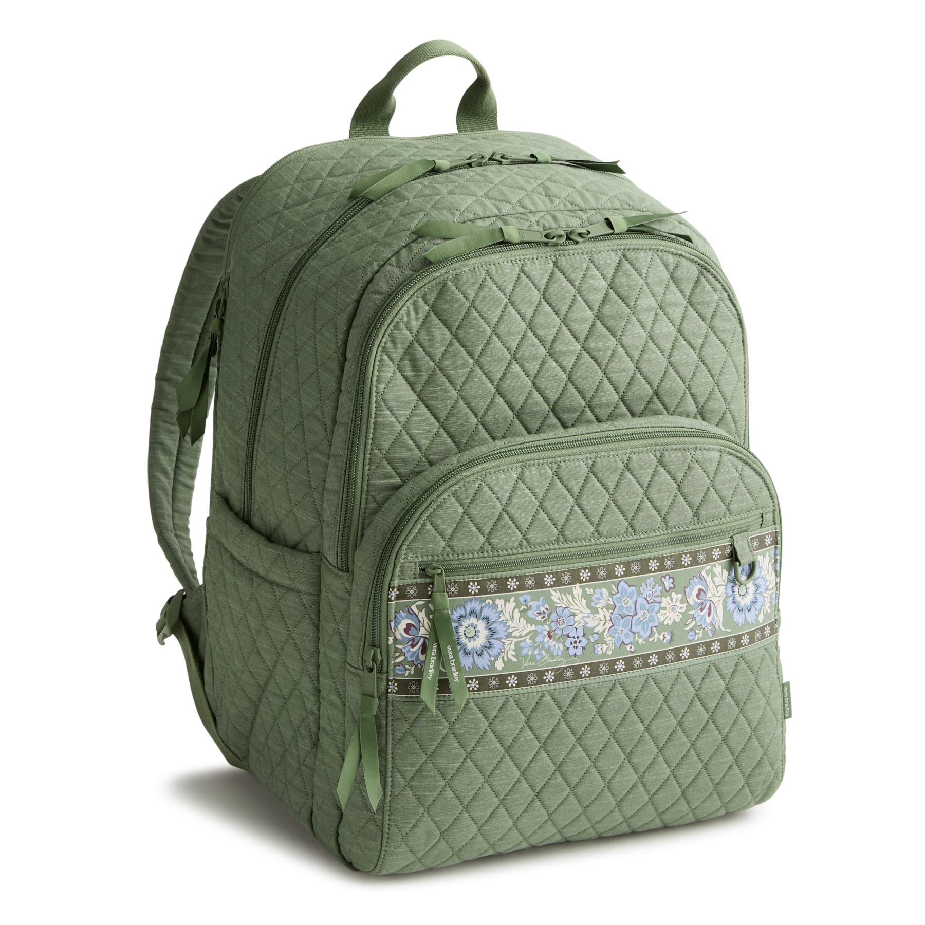 soft green quilted cotton backpack with blue floral patterned band water bottle pocket and several zippered compartments