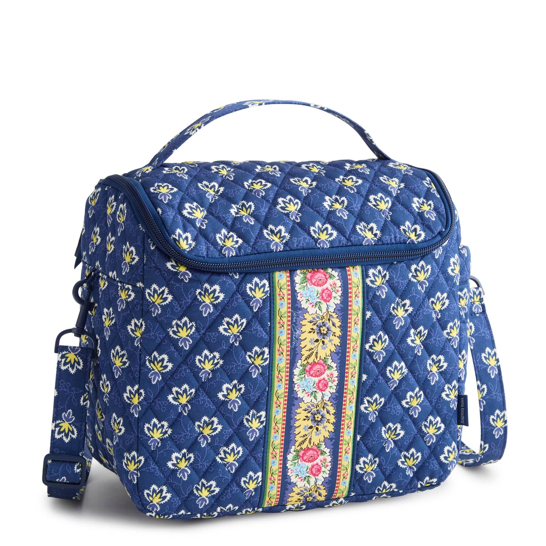 small navy blue quilted cotton lunch bag with handle and strap and small white flowers pattern
