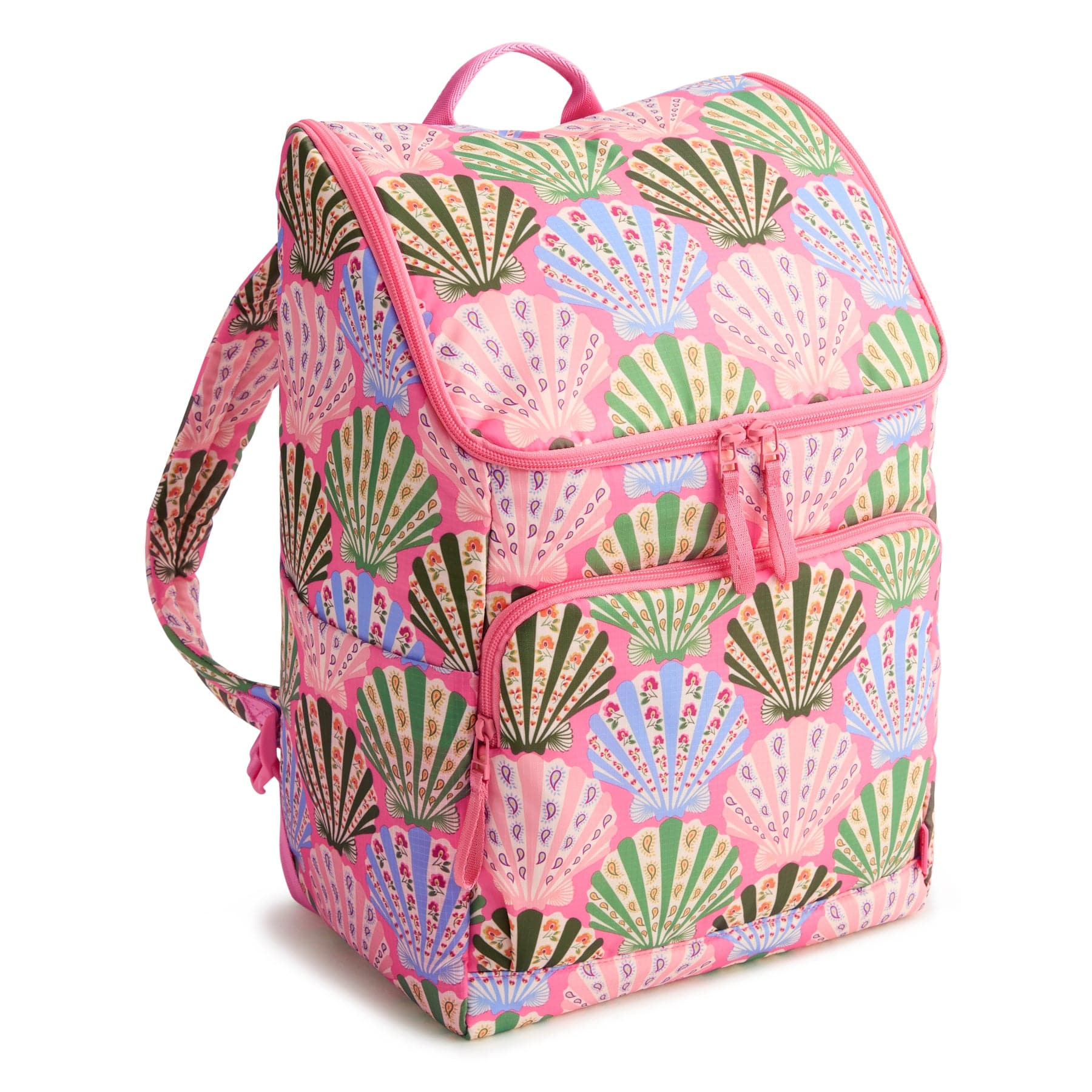 pink insulated cooler backpack with multicolor shell pattern