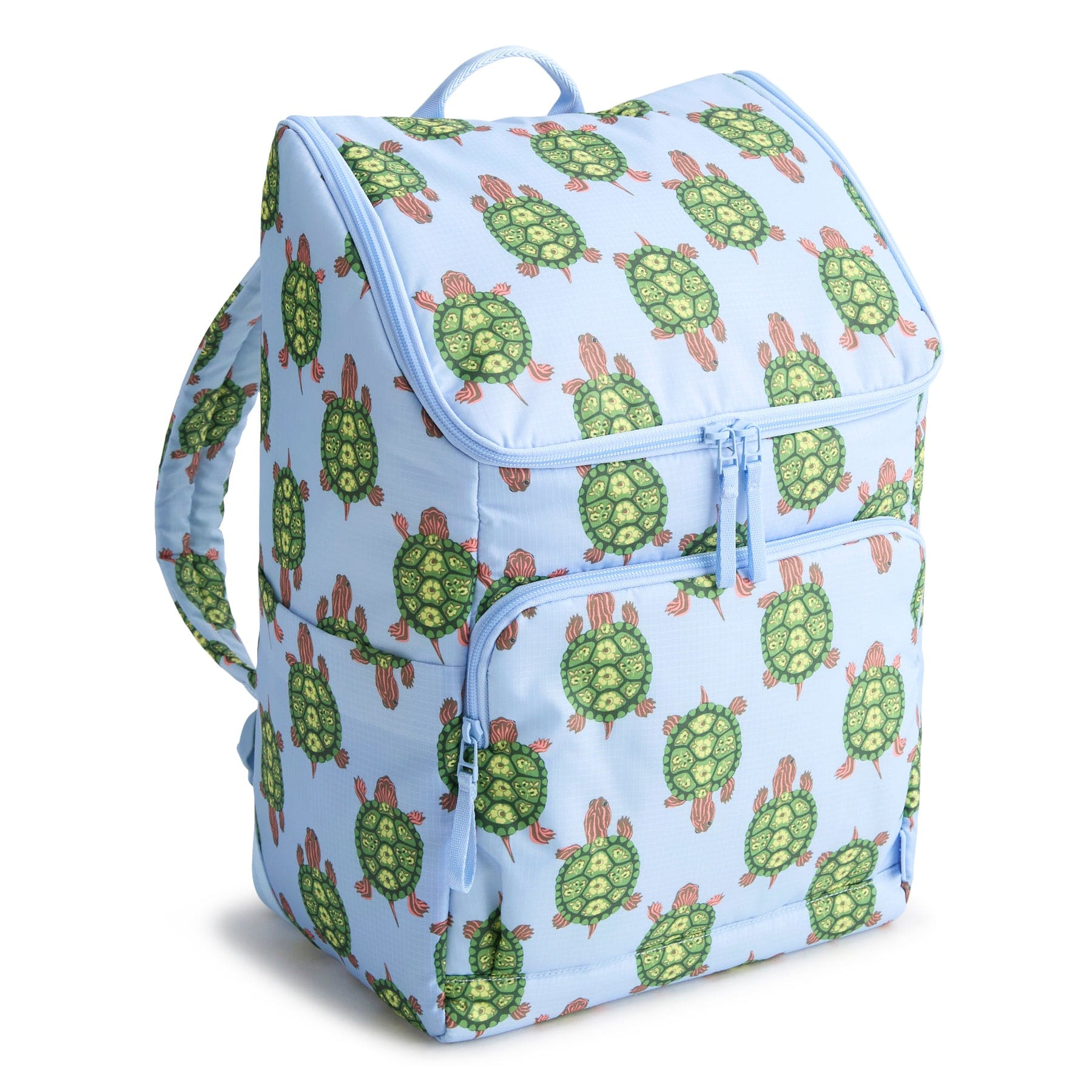 tall light blue rectangular cooler backpack with turtles pattern and two zippered compartments