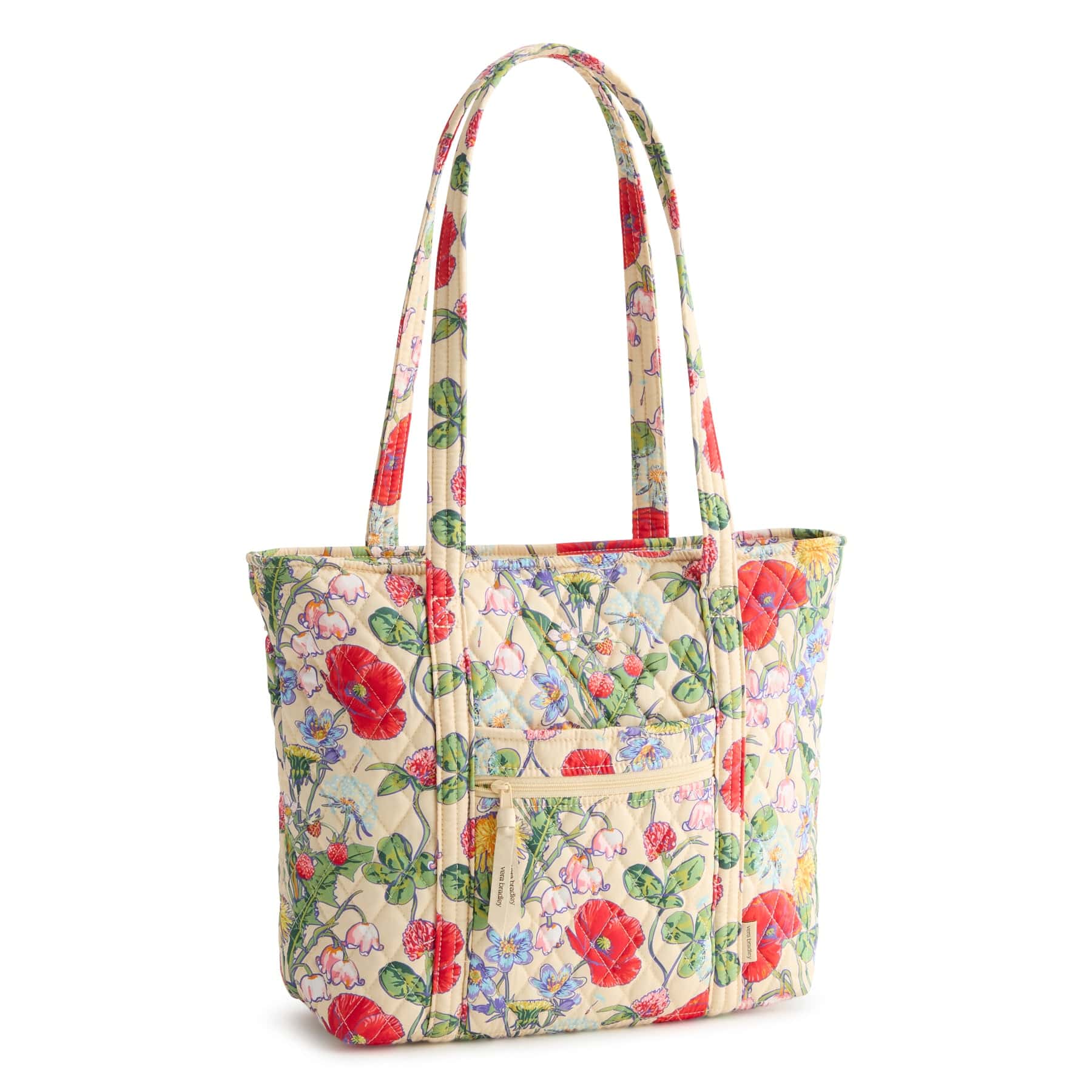 quilted cotton tote bag with red and green wildflowers pattern