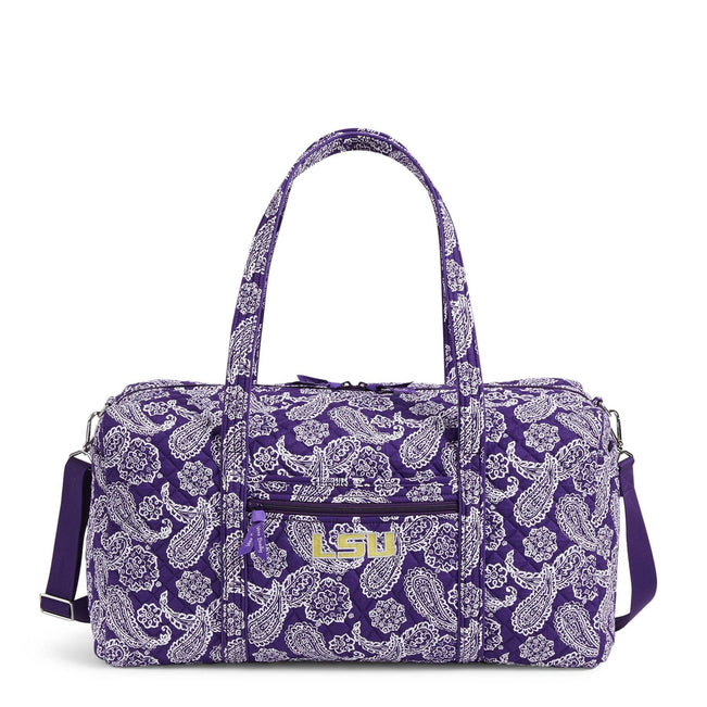 Collegiate Large Travel Duffel Bag-Purple/White Bandana with Louisiana State University-Image 1-Vera Bradley