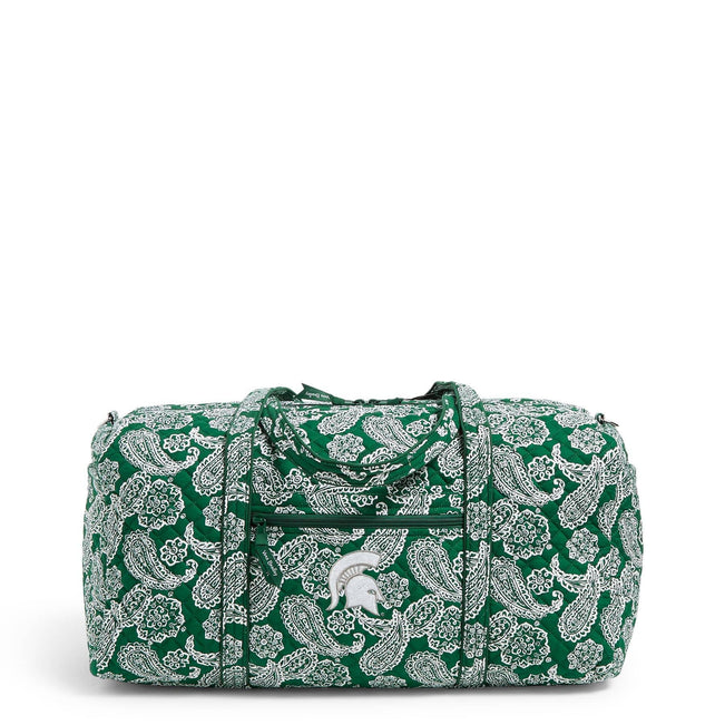 Collegiate Large Travel Duffel Bag-Dk Green/White Bandana with Michigan State University Logo-Image 1-Vera Bradley