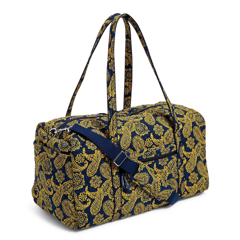 Collegiate Large Travel Duffel Bag-Navy/Gold Bandana with West Virginia University Logo-Image 2-Vera Bradley
