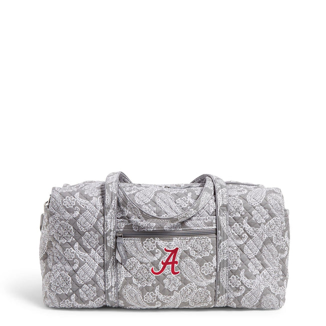 Collegiate Large Travel Duffel Bag-Gray/White Bandana with The University of Alabama Logo-Image 1-Vera Bradley