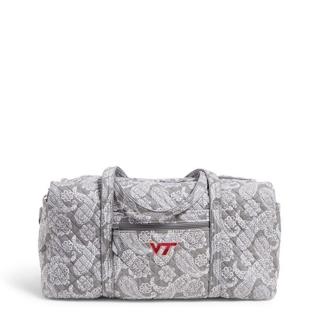 Collegiate Large Travel Duffel Bag-Gray/White Bandana with Virginia Tech Logo-Image 1-Vera Bradley