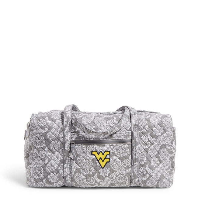 Collegiate Large Travel Duffel Bag-Gray/White Bandana with West Virginia University Logo-Image 1-Vera Bradley