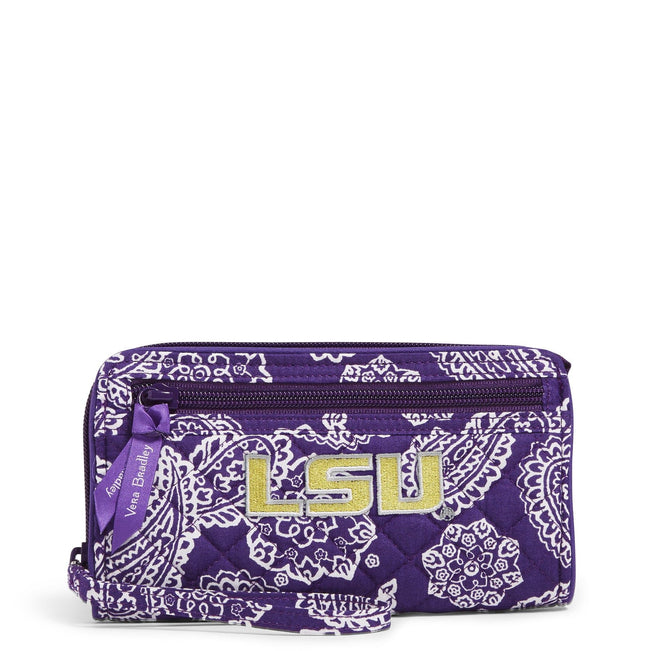 Collegiate RFID Front Zip Wristlet-Purple/White Bandana with Louisiana State University-Image 1-Vera Bradley