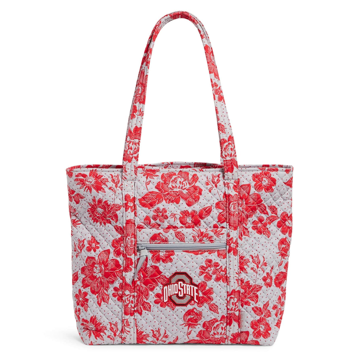 Gray vera tote bag with red flowers and Ohio State University Logo