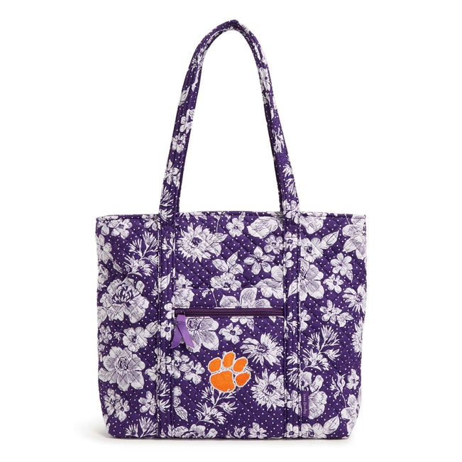 Collegiate Vera Tote Bag-Purple /White Rain Garden with Clemson University Logo-Image 1-Vera Bradley